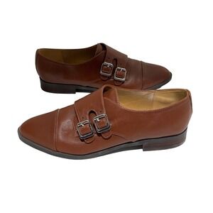 Marc Fisher Womens Cognac Leather Double‎ Monk Strap Cap Toe Loafers Brown Flat